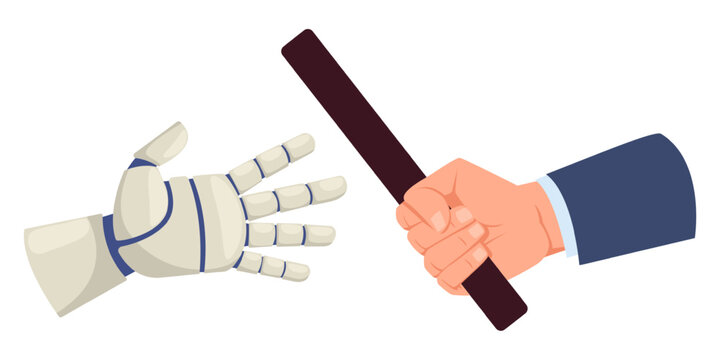 Robot arm takes baton from human hands. AI technology and businessman collaboration. Business cooperation. Teamwork challenge. Artificial intelligence. Vector concept of robotization
