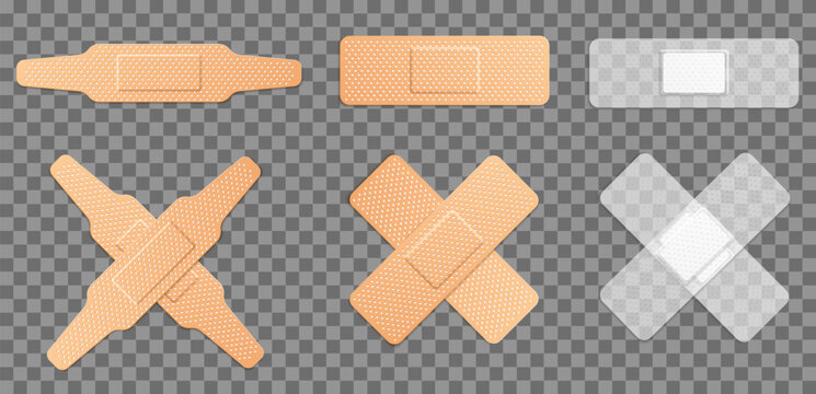 Realistic transparent and flesh colored medical plasters stuck crosswise. Perforated pharmaceutical bands. Wounds protection. Injury bandages. Vector antibacterial sticker tapes set