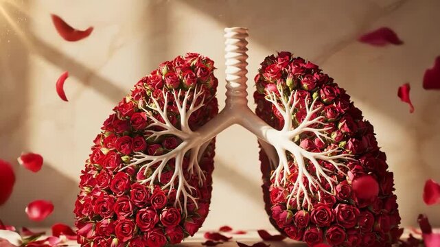 Lungs sculpture made of red roses and white trachea