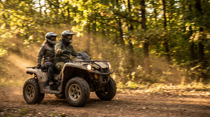 Fototapeta premium Friends ride an ATV through a wooded area on a sunny day surrounded by tall trees and dust in the air