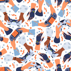 Hands holding gaming consoles and joysticks for playing computer games seamless pattern. Cybersport gamepads. Repeated print. Gamer arms with multimedia controllers. Vector background © VectorBum