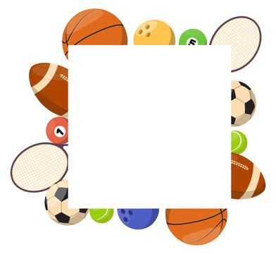 Advertising banner or poster featuring sports balls and equipment. Bowling sphere. Ping pong or tennis racquet. Professional athletic tournament. Football hardball. Vector background