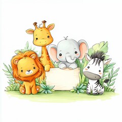 a group of cute cartoon safari animals gather around a blank sign