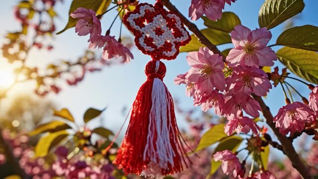 Pink cherry blossoms with traditional red and white martenitsa ornament