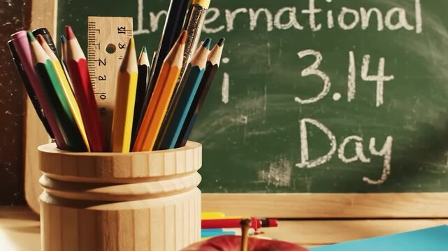 School supplies and red apple on desk for international pi day