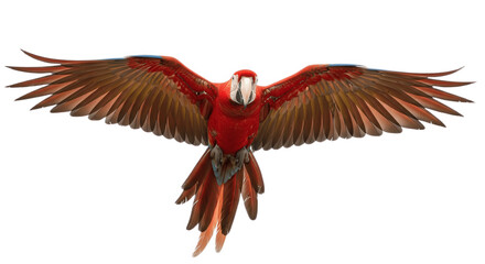 Obraz premium Red Macaw Parrot Flying with Fully Spread Wings Isolated on White Background – Vibrant Tropical Bird in Flight