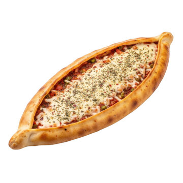 A delicious boat-shaped pide topped with cheese and herbs on a white background.