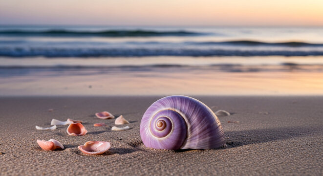 Seashell of violet color on sand, with small shell fragments, near ocean waves, symbolizing nature's beauty, serenity and coastal living, perfect for holiday