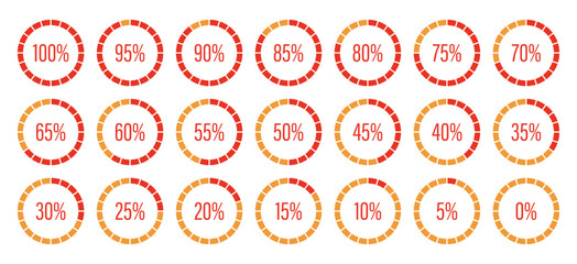 Progress bars. Round graph loading progress set. Template of orange and red color fill pie charts indicator. Circle diagrams icons for infographics from 0 to 100 percent. Round percentage infographic.
