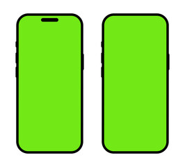 Smartphone mockups with empty green screen and island isolated on white background. Mobile phone mockups set, Black models modern smartphone template, front view. Mobile phone model.