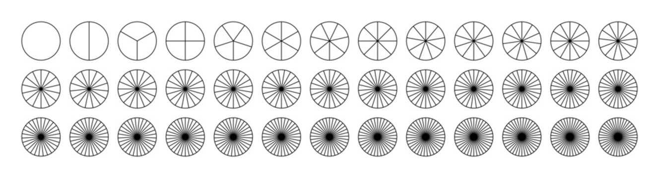 Sectors divide the circle on equal parts. Coaching blank. Segmented charts. Parts of diagram wheel from 1 to 39. Template of pie charts. Outline black graphic. Set of pie chart, pizza chart. Segments 