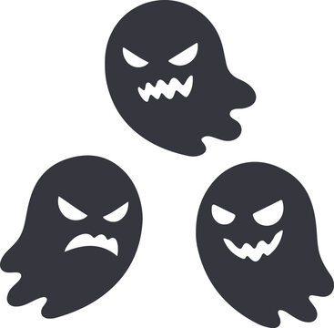 Three dark menacing ghosts with different angry facial expressions, flat silhouette vector illustration