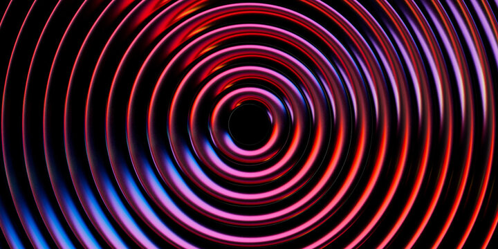 Abstract geometric 3D render featuring layered rings with red purple gradient effect and ribbed glass lit by yellow red light