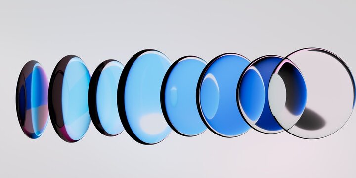 3D rendering of an abstract minimalist aesthetic wallpaper with a row of flat circle transparent pieces isolated on a white background, glass lenses refracting violet blue gradient