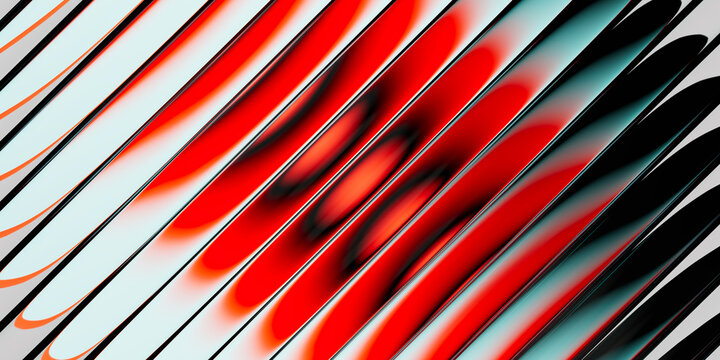 Ribbed glass effect, 3D rendered design featuring a spherical shape with red and black gradient behind white matte blinds