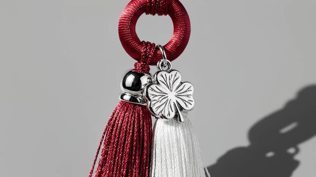 Red and white tassel charm with fourleaf clover pendant