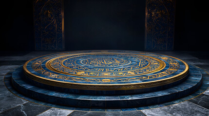 Ramadan Kareem Islamic Mosaic Platform With Blue Pattern Elegant Circular Platform For Festive Greetings And Branding Concept