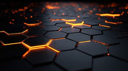 Obraz premium Futuristic glowing orange hexagons on black geometric surface.