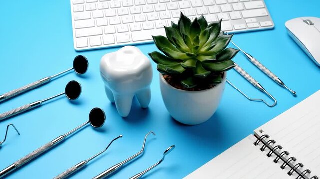 Dental tools and tooth model on blue desk with computer accessories