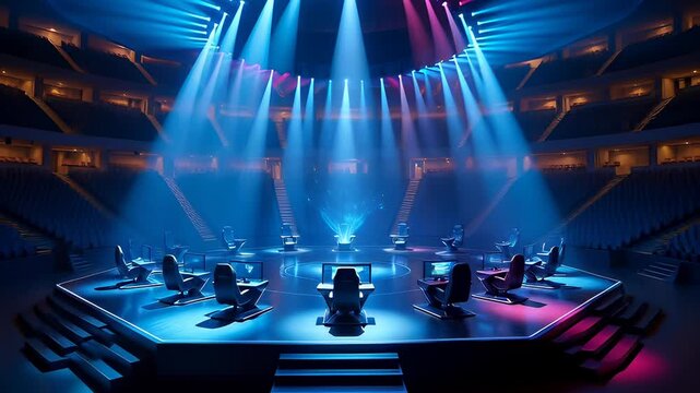 Circular esports gaming stage illuminated by blue and pink neon spotlights in a dark arena, showcasing a 3D tournament setup for competitive gaming events