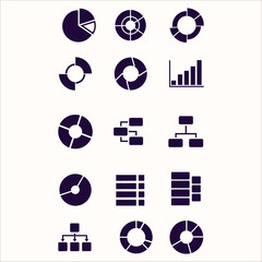 Collection of 15 dark blue infographic icons for business analytics, data, and organization