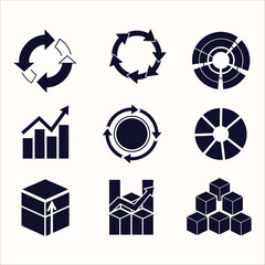 Set of 9 dark blue icons depicting cycles, data charts, and cubes for business concepts