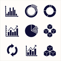 Nine dark blue graphic icons showcasing business growth charts, data cycles, and cube elements