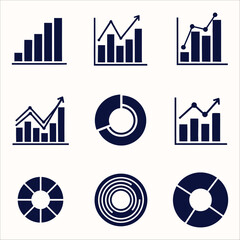 Nine dark blue vector icons illustrating various data charts and financial analysis elements