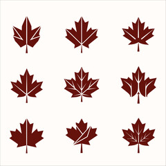 Set of 9 stylized dark red maple leaf icons, representing Canada and autumn themes