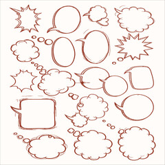 Hand-drawn comic book speech bubbles and thought clouds in various shapes and sizes for creative communication, isolated on a light background