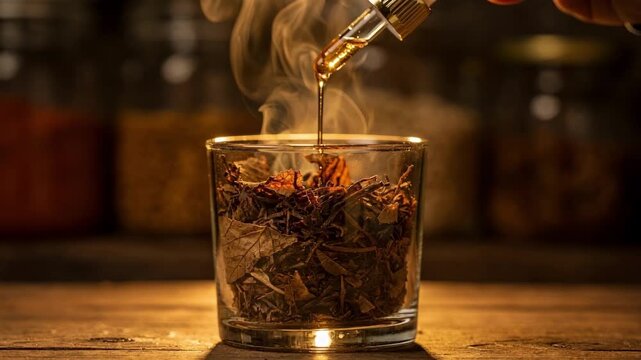 Midlevel shot capturing warm spice essence being applied to dry tobacco leaves in a tumbler creating a balanced blend of smoky and savory notes.
