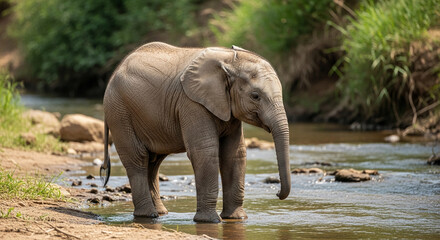Fototapeta premium Image of a young elephant standing in shallow water, representing animal wildlife, natural habitat, and the connection to nature