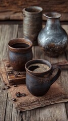 Two rustic clay mugs filled with dark coffee sit on a wooden surface amidst scattered beans, offering a warm, inviting morning scene.