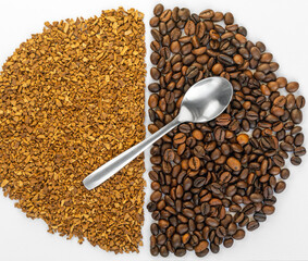 Coffee beans and instant coffee granules with spoon. Background split in half. Choice, comparison concept. Top view close-up.
