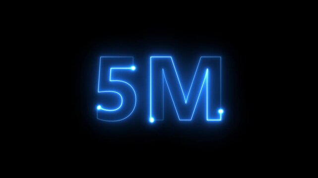 A vibrant blue neon glow illuminates the letters 5m against a stark black background signifying a milestone or digital achievement high quality professional detailed modern elegant