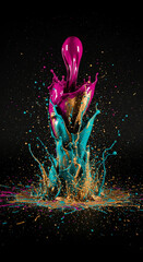 Image of colorful paint splash on black background, showcasing artistic expression and creative energy, perfect for concepts of innovation and fluidity