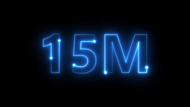A vibrant electric blue neon sign displays the number 15m against a stark black background suggesting a milestone or count high quality professional detailed modern elegant