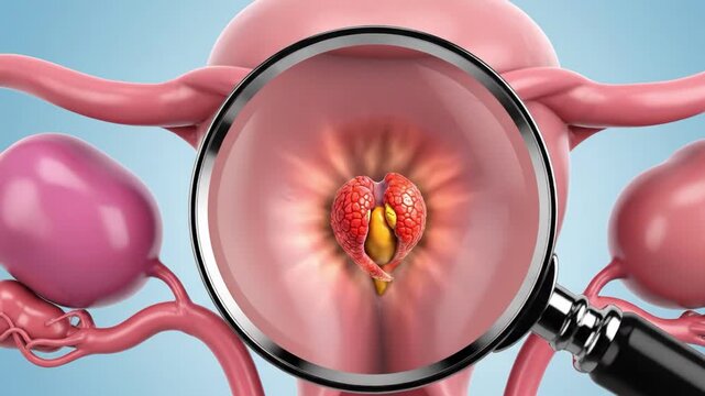 Magnifying glass examining female reproductive system anatomy