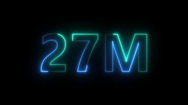 A vibrant neon graphic displays the number 27m in a glowing cyan hue against a stark completely black background high quality professional detailed modern elegant stylish