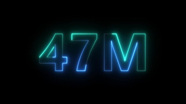 A vibrant neon display shows the numerical value 47m illuminated in shades of turquoise and electric blue against darkness high quality professional detailed modern elegant stylish