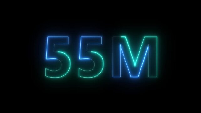 A vibrant glowing neon sign displays the numerical value 55m against a stark black background emitting a futuristic aesthetic high quality professional detailed modern elegant stylish