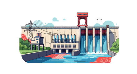 Hydroelectric Dam Power Plant Water Flow Illustration.