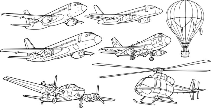 set of aircraft line art, black outline, vector and illustration, coloring book page line art drawing
