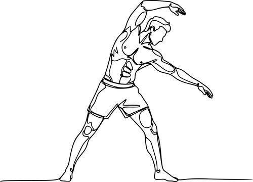 Continuous line art or One Line Drawing of a woman stretching arms is relaxing, Happy man and woman raising hands in an exercise of relax and breathing, one line continuous drawing