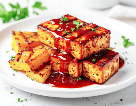 BBQ sauce on grilled tofu served parsnips, white plate. AI