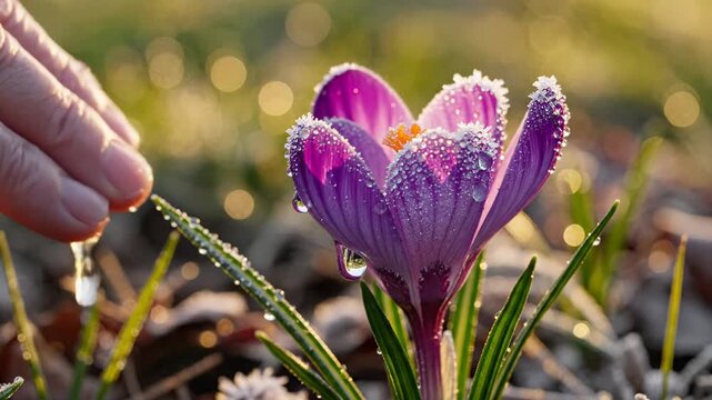 Hand touching dew covered purple crocus in morning light, spring garden macro detail for nature background and wellness mood, Easter seasonal renewal theme