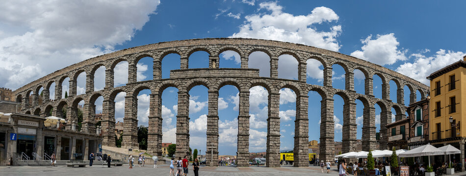 Segovia, Spain - 27 Jul 23: Panoramic Roman Aqueduct Segovia