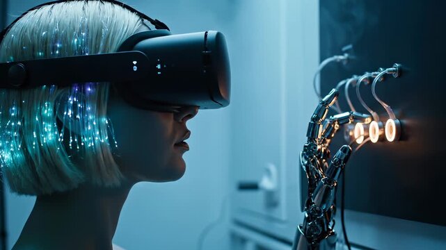 Woman wears VR headset exploring virtual technology with holographic display. Female uses virtual reality viewing robotic hand. Futuristic woman with VR technology. Digital interface shows virtual ele