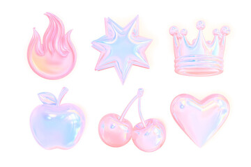 Obraz premium Set of Six Cute Pink Holographic 3D Icons