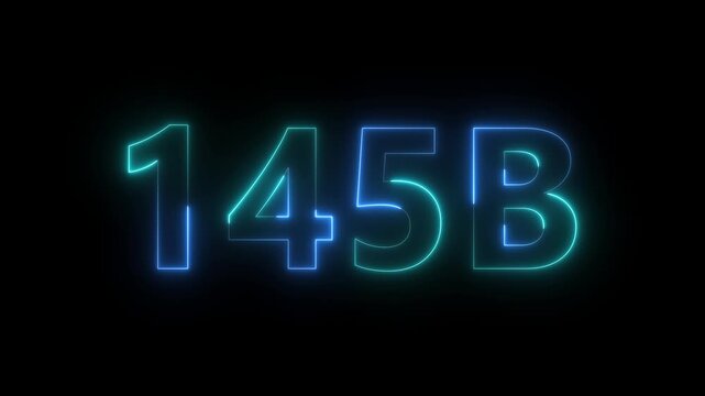 A vibrant glowing neon sign displays the alphanumeric sequence 145b against a stark completely black background creating a high contrast image high quality professional detailed modern elegant